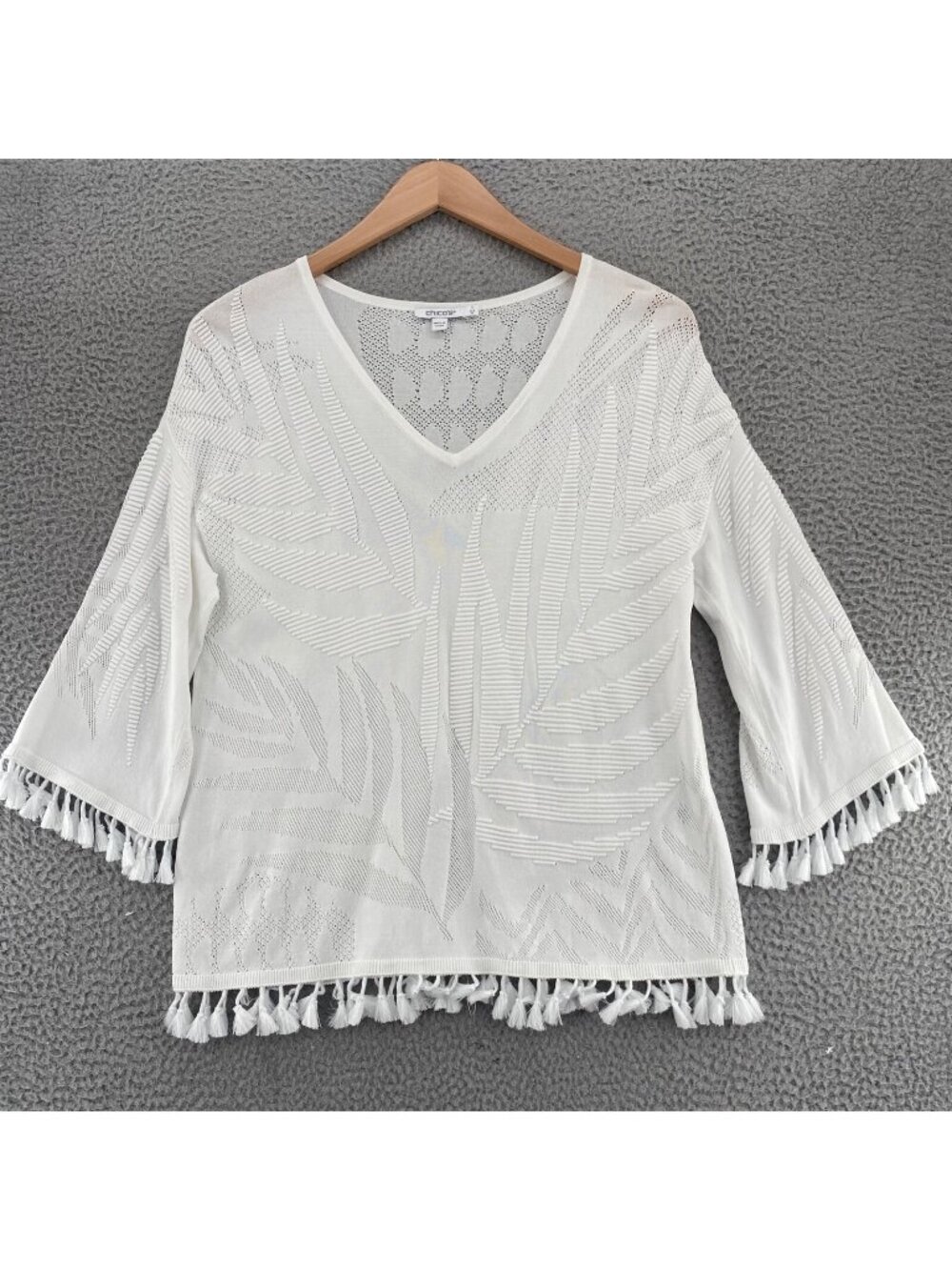 Chicos Top Womens 1 US Medium White Textured Palm Embroidery Fringe 3/4 Sleeves